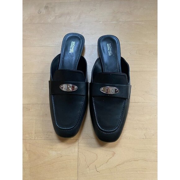 MICHAEL Michael Kors BNWT "Ashley" black logo plate mules women NEW - Picture 2 of 10